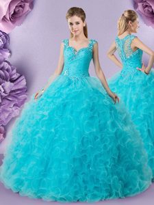 Designer Baby Blue Ball Gowns Straps Sleeveless Tulle Floor Length Zipper Beading and Ruffles Quinceanera Dress