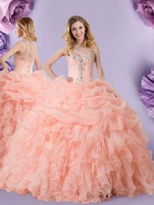 Artistic Peach Ball Gowns Organza Straps Sleeveless Beading and Ruffles and Pick Ups Floor Length Zipper Quinceanera Dress