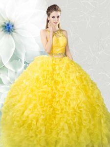 Dramatic Scoop Sleeveless Zipper Floor Length Beading and Ruffles Quince Ball Gowns