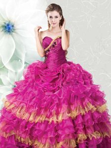 Fuchsia Organza Lace Up Quinceanera Gowns Sleeveless Floor Length Ruffles and Ruffled Layers