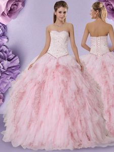 Fabulous Ball Gowns Quinceanera Gowns Baby Pink Sweetheart Tulle Sleeveless Floor Length Lace Up