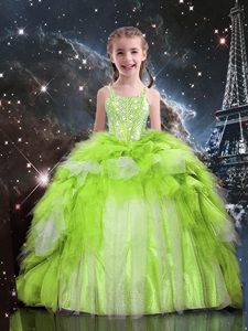 Charming Ruffled Ball Gowns Little Girl Pageant Dress Apple Green Spaghetti Straps Tulle Sleeveless Floor Length Lace Up