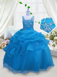 Amazing Aqua Blue Organza Lace Up Pageant Dress Wholesale Sleeveless Floor Length Beading and Pick Ups