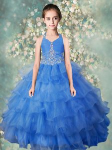 Halter Top Sleeveless Floor Length Beading and Ruffled Layers Zipper Child Pageant Dress with Baby Blue