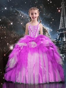 One Shoulder Floor Length Lace Up Glitz Pageant Dress Fuchsia and In for Party and Wedding Party with Beading and Ruffled Layers