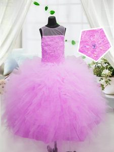 Tulle Scoop Sleeveless Zipper Beading and Appliques Little Girl Pageant Gowns in Hot Pink