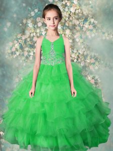 Halter Top Sleeveless Organza Kids Pageant Dress Beading and Ruffled Layers Zipper