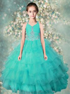 Halter Top Beading and Ruffled Layers Little Girl Pageant Dress Turquoise Zipper Sleeveless Floor Length