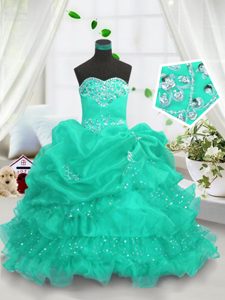 Stylish Organza Sweetheart Sleeveless Lace Up Beading and Ruffled Layers and Pick Ups Child Pageant Dress in Turquoise