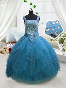 Aqua Blue Straps Neckline Beading and Ruffles Pageant Dress Wholesale Sleeveless Lace Up