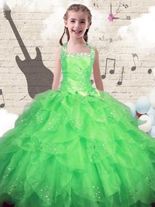 Halter Top Beading and Ruffles Pageant Gowns Green Lace Up Sleeveless Floor Length