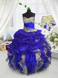 Amazing Sleeveless Floor Length Beading and Ruffles and Pick Ups Lace Up Pageant Dress Womens with Royal Blue