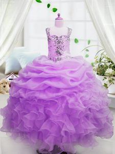 Customized Rose Pink Zipper Square Beading and Ruffles and Pick Ups Winning Pageant Gowns Organza Sleeveless