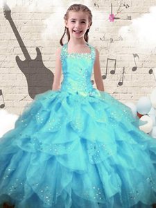 Halter Top Aqua Blue Lace Up Kids Pageant Dress Beading and Ruffles Sleeveless Floor Length