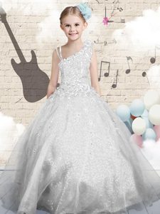 Floor Length Turquoise Pageant Dresses Tulle Sleeveless Beading and Ruffles