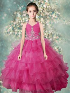 Beading High School Pageant Dress Rose Pink Side Zipper Sleeveless Floor Length