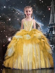 Gorgeous Gold Lace Up Spaghetti Straps Beading and Ruffled Layers Little Girl Pageant Dress Tulle Sleeveless