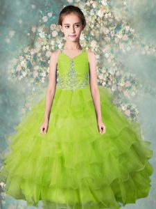 Halter Top Floor Length Zipper Pageant Gowns For Girls Yellow Green and In for Party and Wedding Party with Beading and Ruffled Layers