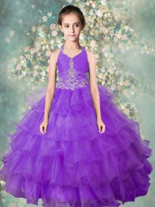 Eye-catching Lavender Organza Zipper Halter Top Sleeveless Floor Length Pageant Gowns For Girls Beading and Ruffled Layers