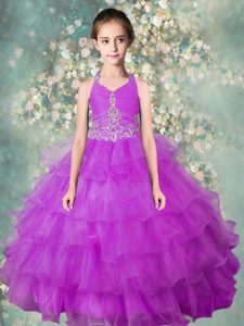 Eye-catching Halter Top Beading and Ruffled Layers Custom Made Pageant Dress Lavender Zipper Sleeveless Floor Length