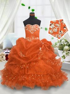 Organza Sweetheart Sleeveless Lace Up Beading and Ruffled Layers and Pick Ups Pageant Dress in Orange