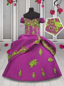 Classical Satin Off The Shoulder Sleeveless Lace Up Beading and Appliques Girls Pageant Dresses in Hot Pink