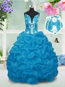 Sleeveless Taffeta Floor Length Lace Up Little Girls Pageant Gowns in Baby Blue for with Beading and Pick Ups