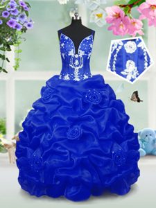 Royal Blue Taffeta Lace Up V-neck Sleeveless Floor Length Pageant Dress for Womens Beading and Pick Ups