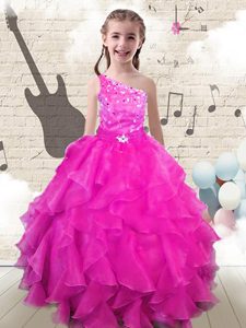 Amazing One Shoulder Hot Pink Sleeveless Floor Length Beading and Ruffles Lace Up High School Pageant Dress