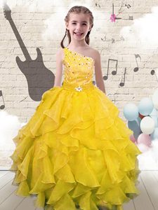 Floor Length Yellow Pageant Dress for Womens One Shoulder Sleeveless Lace Up