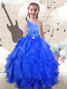 One Shoulder Beading and Ruffles High School Pageant Dress Royal Blue Lace Up Sleeveless Floor Length