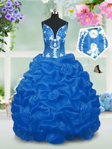 Aqua Blue Lace Up Pageant Dress for Teens Beading and Pick Ups Sleeveless Floor Length