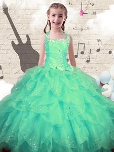 Turquoise Halter Top Lace Up Beading and Ruffles Little Girls Pageant Gowns Sleeveless