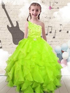 Customized One Shoulder Yellow Green Sleeveless Floor Length Beading and Ruffles Lace Up Kids Pageant Dress