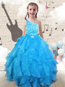 Aqua Blue One Shoulder Lace Up Beading and Ruffles Glitz Pageant Dress Sleeveless