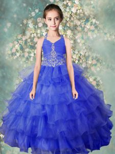 Graceful Halter Top Baby Blue Organza Zipper Glitz Pageant Dress Sleeveless Floor Length Beading and Ruffled Layers