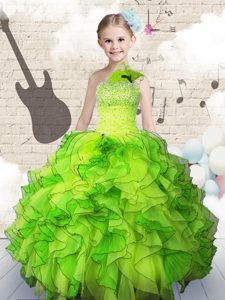 Wonderful Blue Ball Gowns Halter Top Sleeveless Organza Floor Length Zipper Beading and Ruffled Layers Girls Pageant Dresses