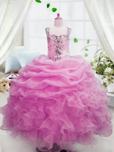 Custom Made Pink Sleeveless Beading and Ruffles and Pick Ups Floor Length Little Girl Pageant Dress