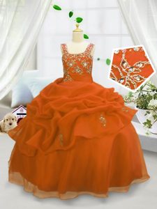 Lovely Straps Sleeveless Girls Pageant Dresses Floor Length Beading and Pick Ups Orange Organza