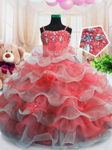 Wonderful Red Zipper Spaghetti Straps Beading and Ruffled Layers Kids Formal Wear Organza Sleeveless