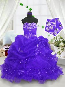 New Arrival Blue Organza Lace Up Sweetheart Sleeveless Floor Length Kids Pageant Dress Beading and Ruffled Layers and Pick Ups