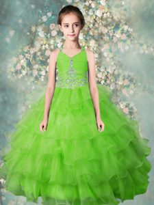 Modern Apple Green Organza Zipper Halter Top Sleeveless Floor Length Pageant Gowns For Girls Beading and Ruffled Layers