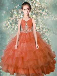 Halter Top Ruffled Floor Length Ball Gowns Sleeveless Orange Evening Gowns Zipper