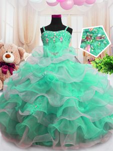 Fantastic Green Organza Zipper Spaghetti Straps Sleeveless Floor Length Pageant Dress Wholesale Beading and Ruffled Layers