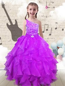 Best Fuchsia One Shoulder Neckline Beading and Ruffles Kids Formal Wear Sleeveless Lace Up