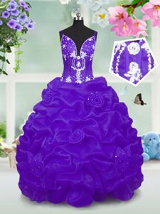 Unique Floor Length Lace Up Little Girls Pageant Dress Wholesale Purple and In for Party and Wedding Party with Beading and Pick Ups