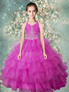 Fuchsia Ball Gowns Halter Top Sleeveless Organza Floor Length Zipper Beading and Ruffled Layers Pageant Dress for Girls