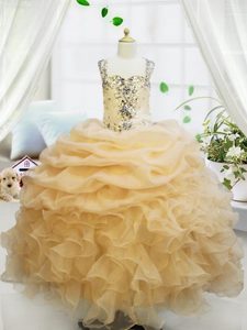 Stylish Champagne Ball Gowns Organza Straps Sleeveless Beading and Ruffles and Pick Ups Floor Length Zipper High School Pageant Dress