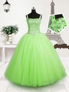 Latest Floor Length Lace Up High School Pageant Dress Apple Green and In for Party and Wedding Party with Beading and Sequins