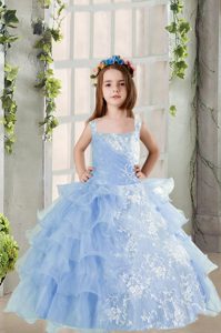 Baby Blue Long Sleeves Lace and Ruffled Layers Floor Length Child Pageant Dress